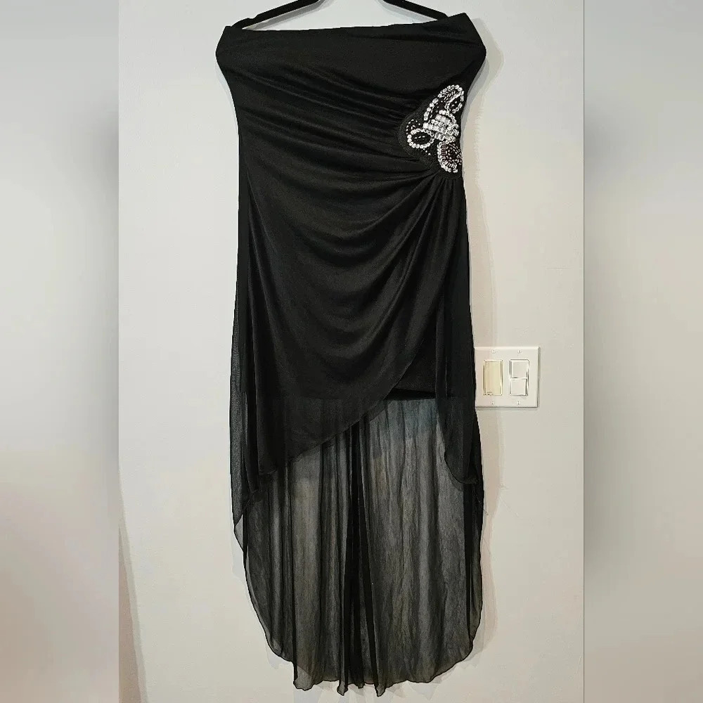 Black Jeweled Elegant Evening Mini Dress with train attached